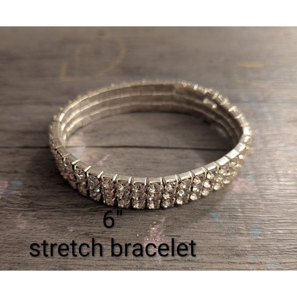 Silver Tone Three Row Rhinestone Stretch Bracelet Clear Crystal‎ Tennis Style 6"